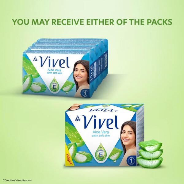 Vivel Aloe Vera Grade 1 Bathing Soap with Vitamin E for Soft Glowing skin, 600g (150g - Pack of 4), Soap for Women & Men, For All Skin Types - Image 3