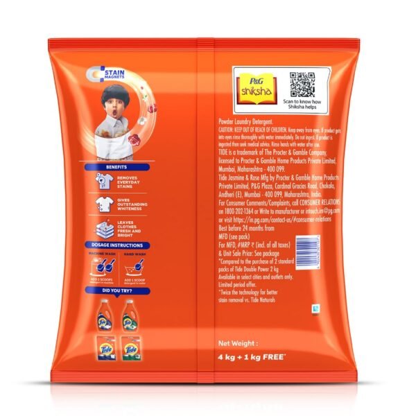 Tide Plus Double Power Detergent Washing Powder - 4 kg + 1 Kg Free (Jasmine and Rose) - Image 2