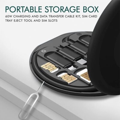 Multifunctional Data Cable Set Conversion Head Portable Storage Box, Multi-Type Charging Line Convertor USB Type C Adapter Tool Contains Sim Card Slot Tray Eject Pin, Phone Holder