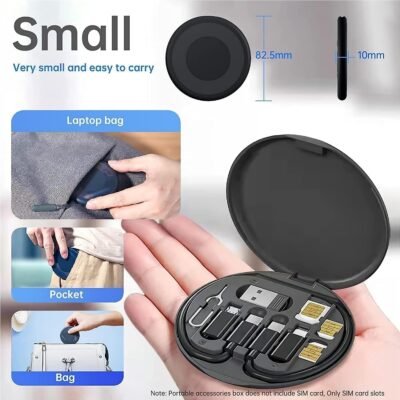 Multifunctional Data Cable Set Conversion Head Portable Storage Box, Multi-Type Charging Line Convertor USB Type C Adapter Tool Contains Sim Card Slot Tray Eject Pin, Phone Holder