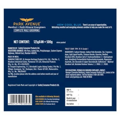 Park Avenue Premium Men’s Soaps for Bath – Cool Blue | 125g (Pack of 4) | Menthol & Mineral Energizer | Grade 1 Soap | For All Skin Types