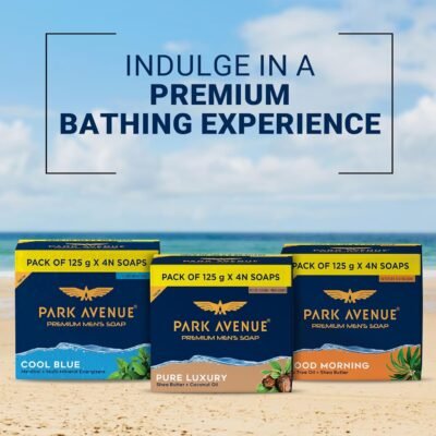 Park Avenue Premium Men’s Soaps for Bath – Cool Blue | 125g (Pack of 4) | Menthol & Mineral Energizer | Grade 1 Soap | For All Skin Types