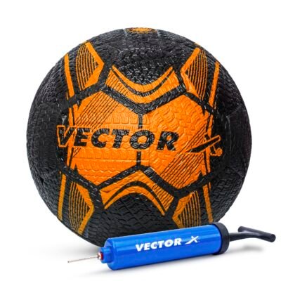 Vector X Street Soccer Rubber Moulded Indoor/Outdoor Water-Resistant Football + Pump with Butyl Bladder, Black-Orange, Size 5, Suitable for Match and...