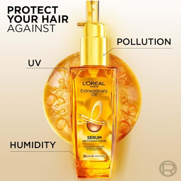 L'Oreal Paris Serum, Protection and Shine, For Dry, Flyaway & Frizzy Hair, With 6 Rare Flower Oils, Extraordinary Oil, 100ml - Image 5