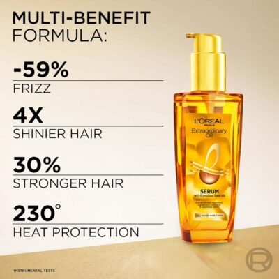 L'Oreal Paris Serum, Protection and Shine, For Dry, Flyaway & Frizzy Hair, With 6 Rare Flower Oils, Extraordinary Oil, 100ml