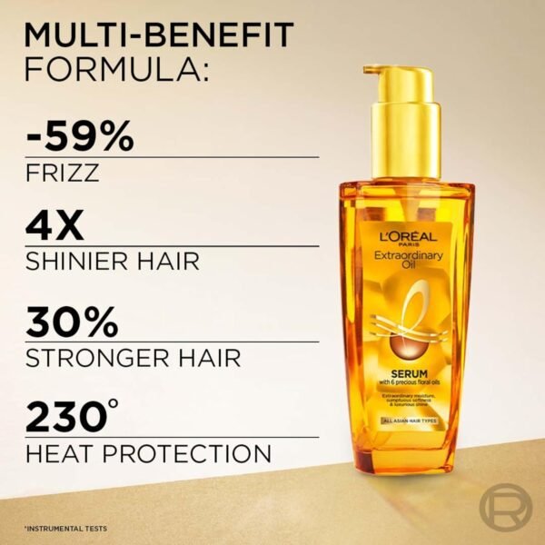 L'Oreal Paris Serum, Protection and Shine, For Dry, Flyaway & Frizzy Hair, With 6 Rare Flower Oils, Extraordinary Oil, 100ml - Image 2