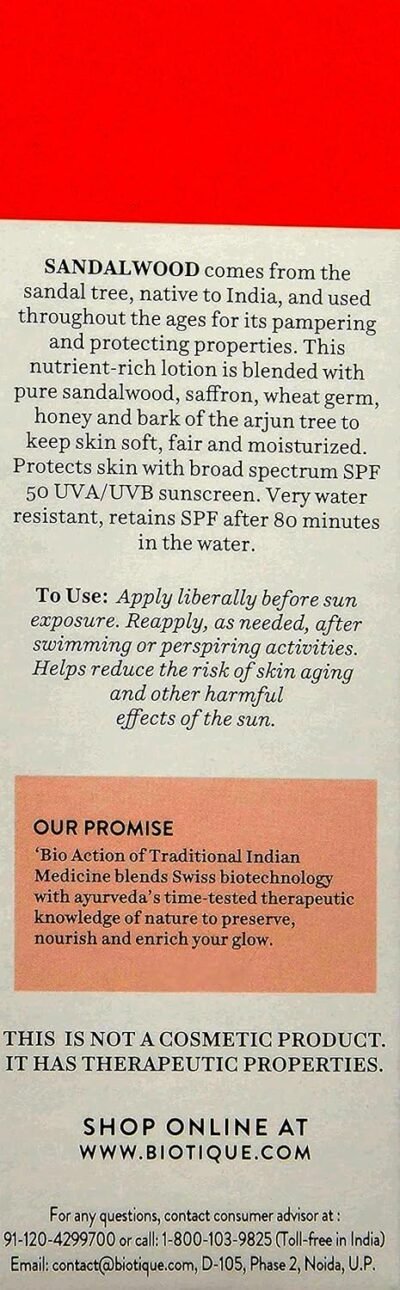 Biotique Bio Sandalwood Sunscreen Ultra Soothing Face Lotion, SPF 50+ |Ultra Protective Lotion| Keeps Skin Soft, Fair and Moisturized| Water Resistant| For...