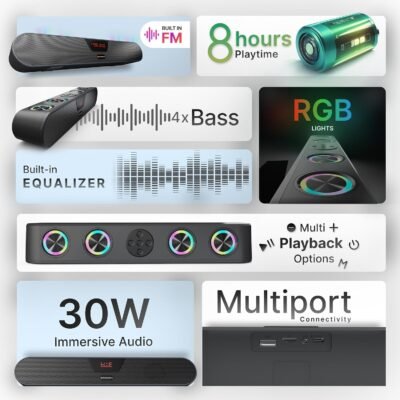 CrossBeats Blaze B30 Bluetooth 30W Soundbar Gaming RGB Light | AUX, BT, SD Card, USB &FM I 8 Hrs Playtime Fast Charge| TWS Pairing| Built in mic| BT Speaker for TV, Mobile, PC, Laptop, Tablet - Black