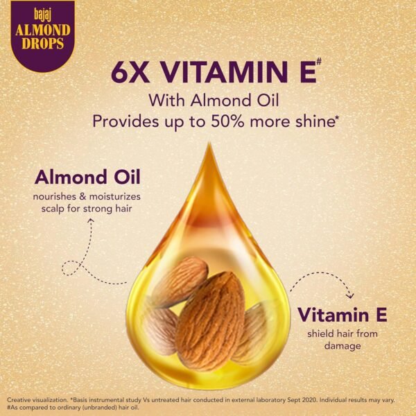 Bajaj Almond Drops Hair Oil, 625ml, Hair Oil, 6X Vitamin E, Almond Oil, Light and Non-Sticky, Hair Fall Control - Image 3