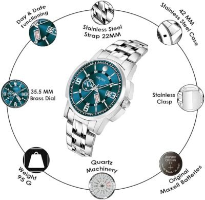 Matrix Black, Blue, White Dial, Day & Date Functioning, Stainless Steel Strap Analog Watch for Men & Women