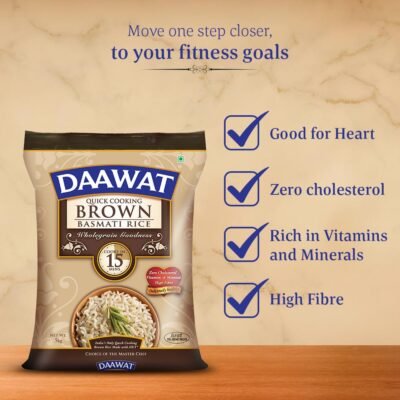 Daawat Brown, Cooks in 15-minute, Full Bran Intact, Fibre-Rich Basmati Rice, 5 Kg