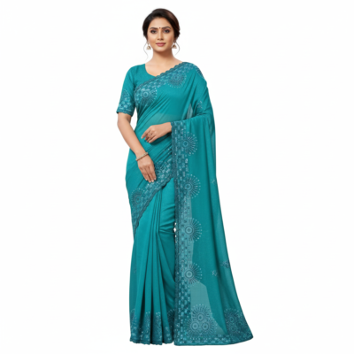 Rainbow styled patch Sky Blue Women's Saree
